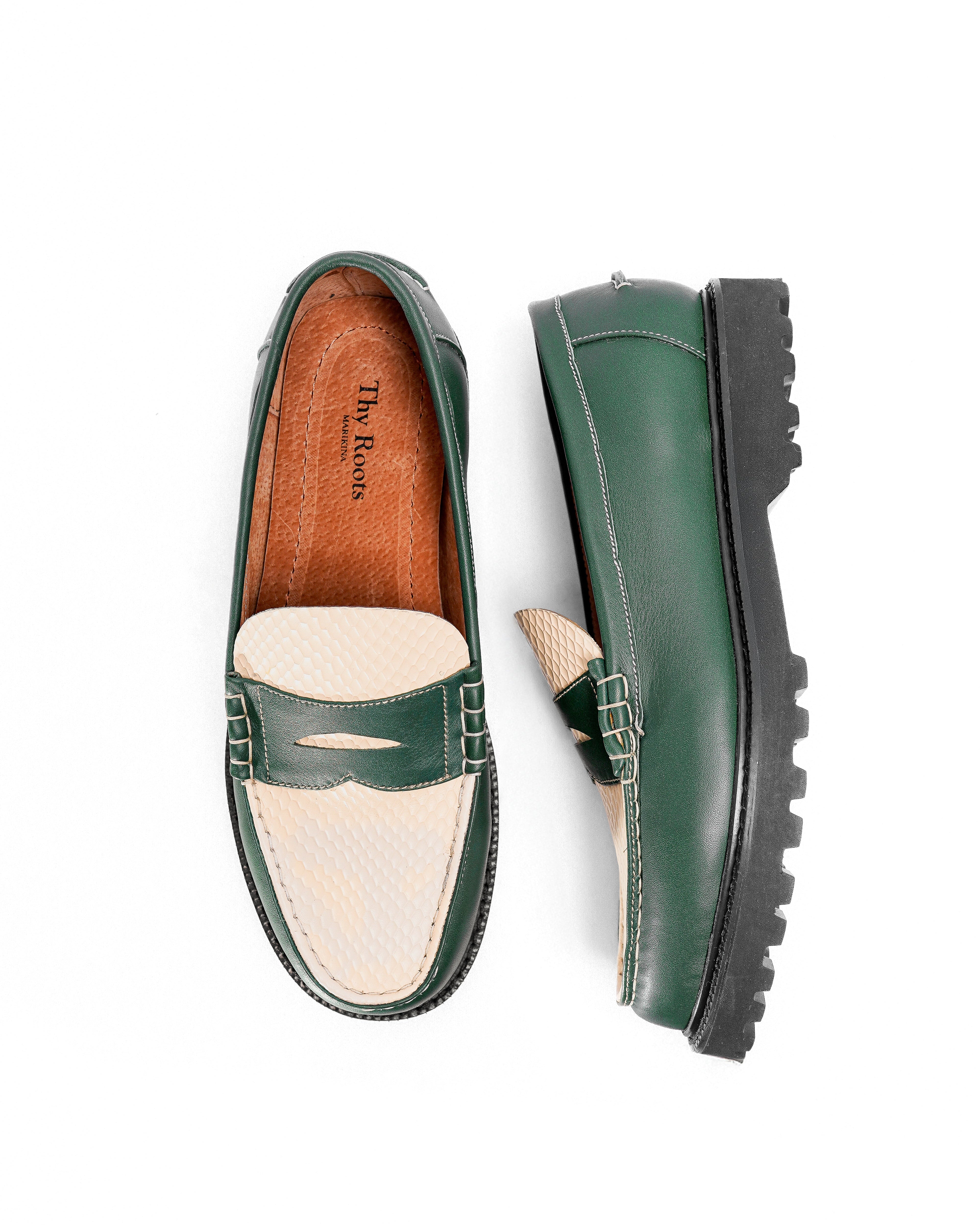 Python Skin Loafers JADE LOAFERS - PYTHON SKIN IN EMERALD – Thy Roots